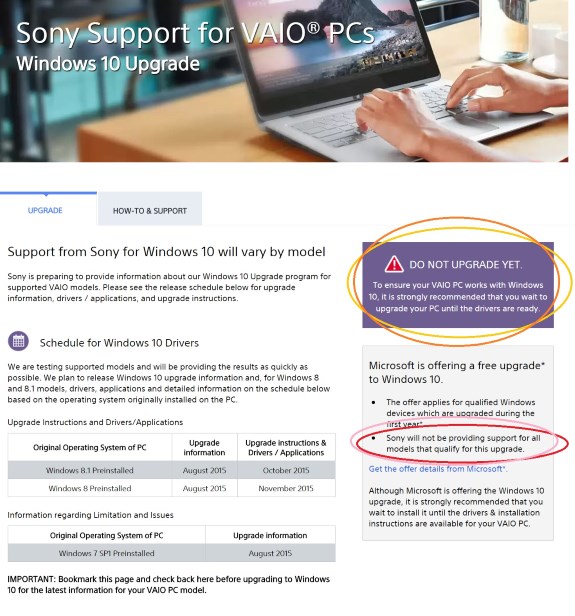 Sony VAIO do not upgrade